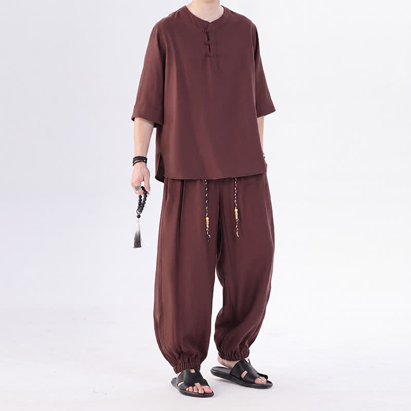 Buddha Stones 春夏 唐風 カエルボタン 無地 肘丈袖シャツ パンツ メンズ 瞑想服 ポケット付き - image 32