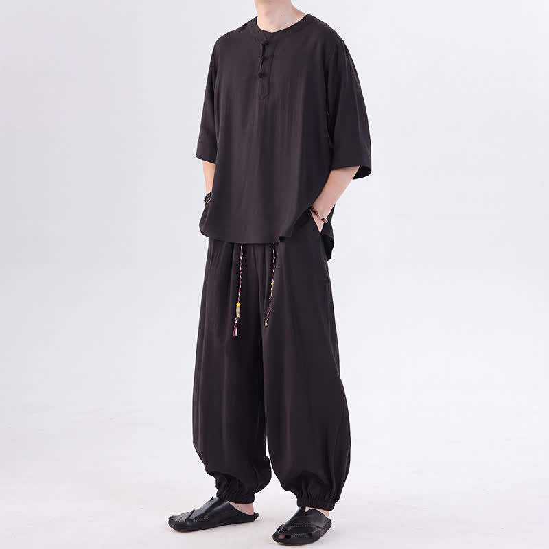 Buddha Stones 春夏 唐風 カエルボタン 無地 肘丈袖シャツ パンツ メンズ 瞑想服 ポケット付き - image 21