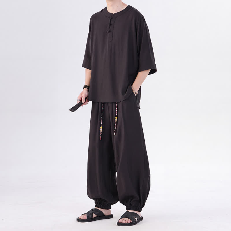 Buddha Stones 春夏 唐風 カエルボタン 無地 肘丈袖シャツ パンツ メンズ 瞑想服 ポケット付き - image 24