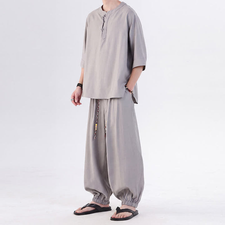 Buddha Stones 春夏 唐風 カエルボタン 無地 肘丈袖シャツ パンツ メンズ 瞑想服 ポケット付き - image 15