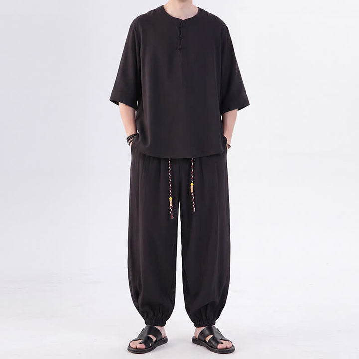 Buddha Stones 春夏 唐風 カエルボタン 無地 肘丈袖シャツ パンツ メンズ 瞑想服 ポケット付き - 黒 - US/UK/AU46、 EU56 (5XL) - image 20