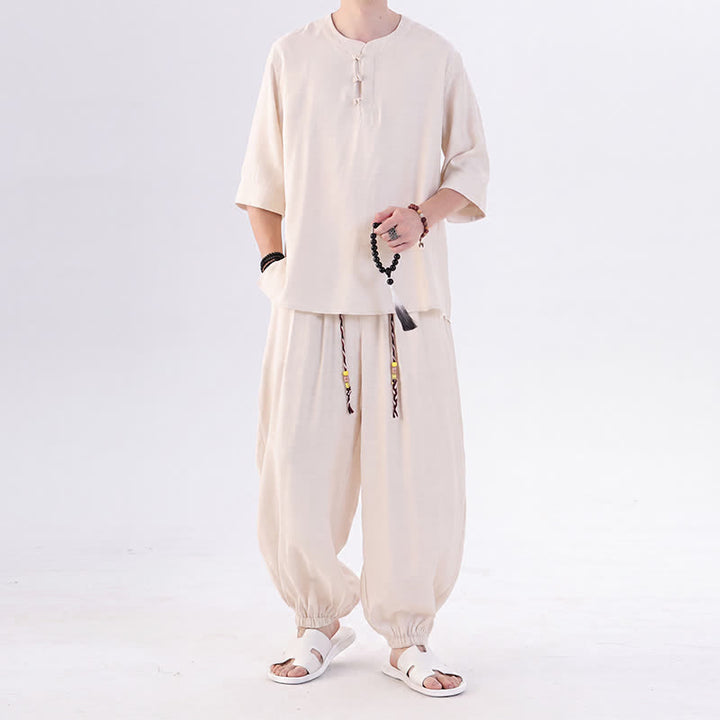 Buddha Stones 春夏 唐風 カエルボタン 無地 肘丈袖シャツ パンツ メンズ 瞑想服 ポケット付き - アンティークホワイト - US/UK/AU46、 EU56 (5XL) - image 0