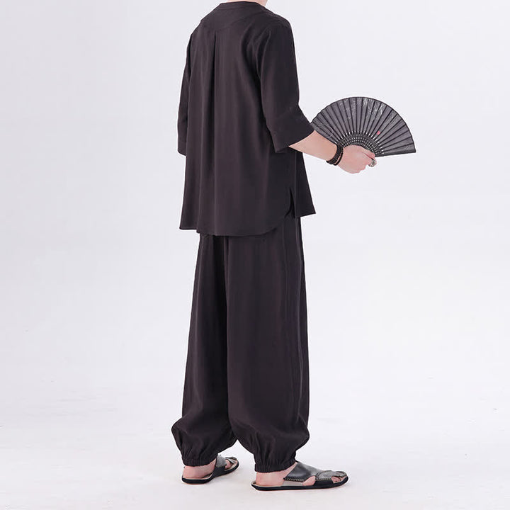 Buddha Stones 春夏 唐風 カエルボタン 無地 肘丈袖シャツ パンツ メンズ 瞑想服 ポケット付き - image 22