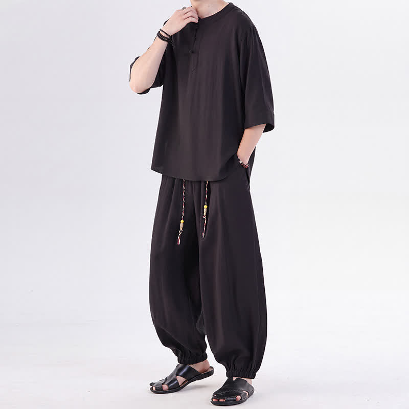 Buddha Stones 春夏 唐風 カエルボタン 無地 肘丈袖シャツ パンツ メンズ 瞑想服 ポケット付き - image 25