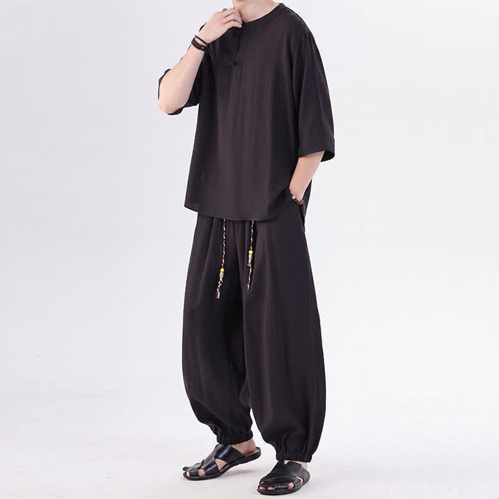 Buddha Stones 春夏 唐風 カエルボタン 無地 肘丈袖シャツ パンツ メンズ 瞑想服 ポケット付き - image 25
