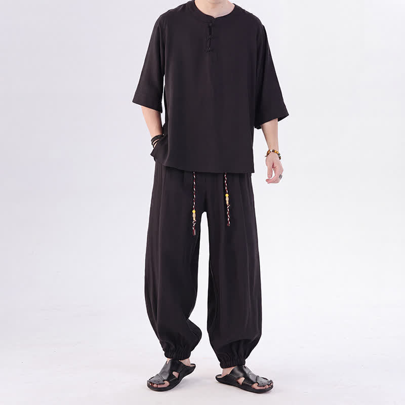 Buddha Stones 春夏 唐風 カエルボタン 無地 肘丈袖シャツ パンツ メンズ 瞑想服 ポケット付き - image 27