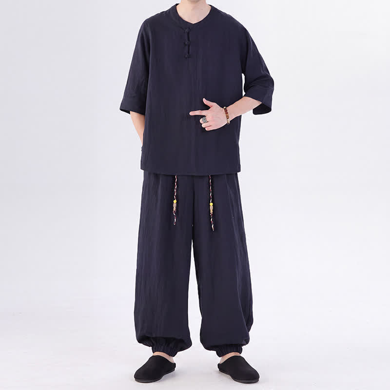 Buddha Stones 春夏 唐風 カエルボタン 無地 肘丈袖シャツ パンツ メンズ 瞑想服 ポケット付き - image 50