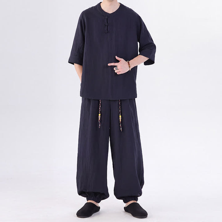 Buddha Stones 春夏 唐風 カエルボタン 無地 肘丈袖シャツ パンツ メンズ 瞑想服 ポケット付き - image 50