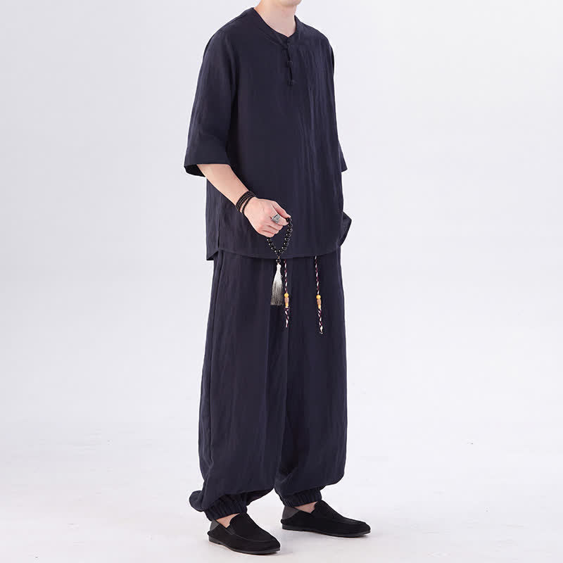 Buddha Stones 春夏 唐風 カエルボタン 無地 肘丈袖シャツ パンツ メンズ 瞑想服 ポケット付き - image 41
