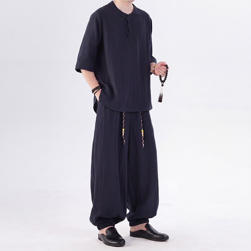Buddha Stones 春夏 唐風 カエルボタン 無地 肘丈袖シャツ パンツ メンズ 瞑想服 ポケット付き - image 45