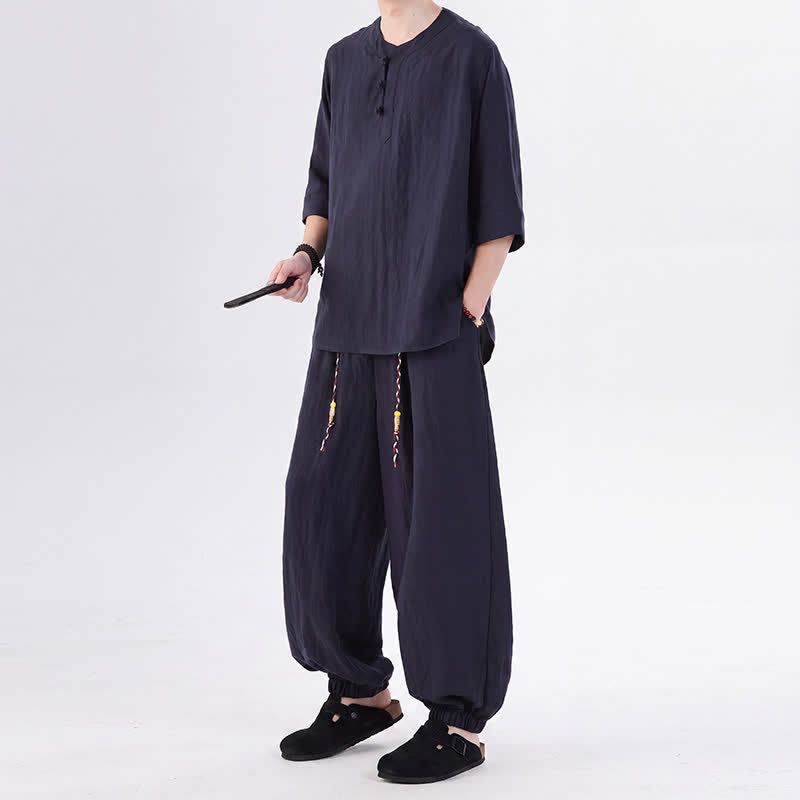 Buddha Stones 春夏 唐風 カエルボタン 無地 肘丈袖シャツ パンツ メンズ 瞑想服 ポケット付き - image 42