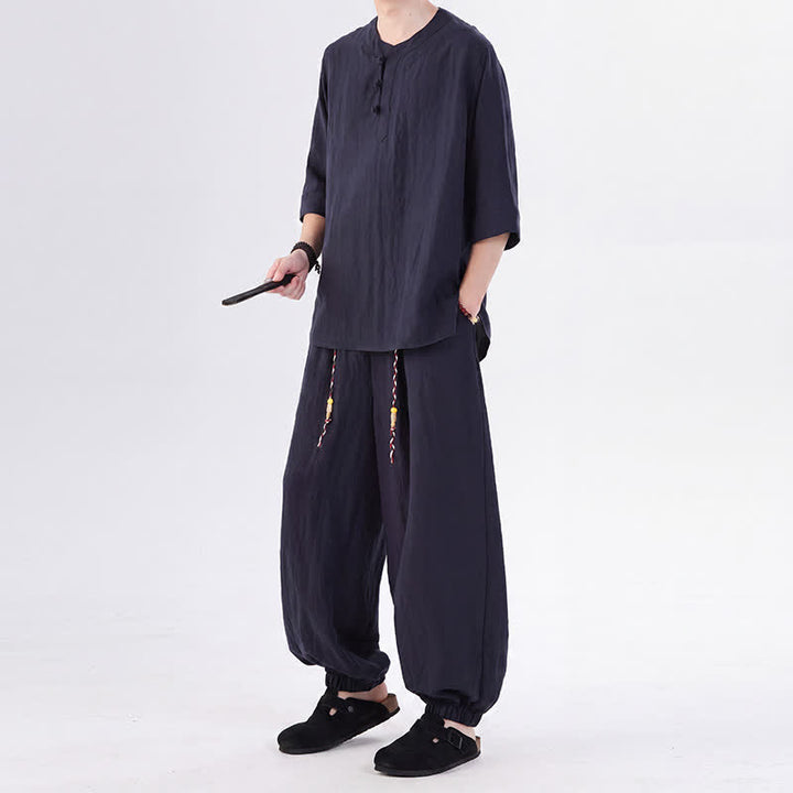 Buddha Stones 春夏 唐風 カエルボタン 無地 肘丈袖シャツ パンツ メンズ 瞑想服 ポケット付き - image 42