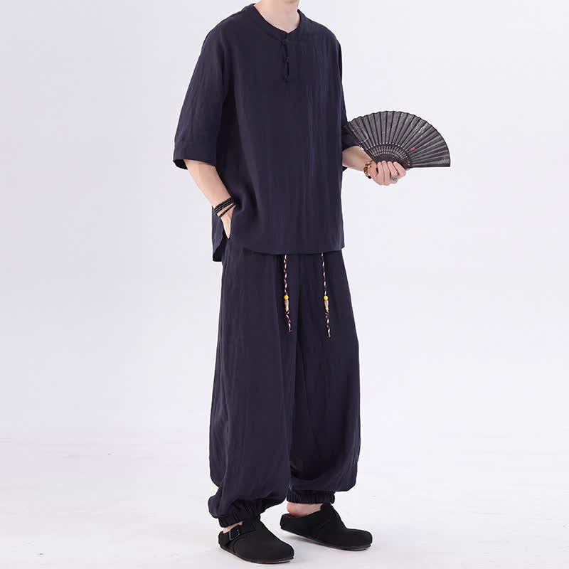Buddha Stones 春夏 唐風 カエルボタン 無地 肘丈袖シャツ パンツ メンズ 瞑想服 ポケット付き - image 43
