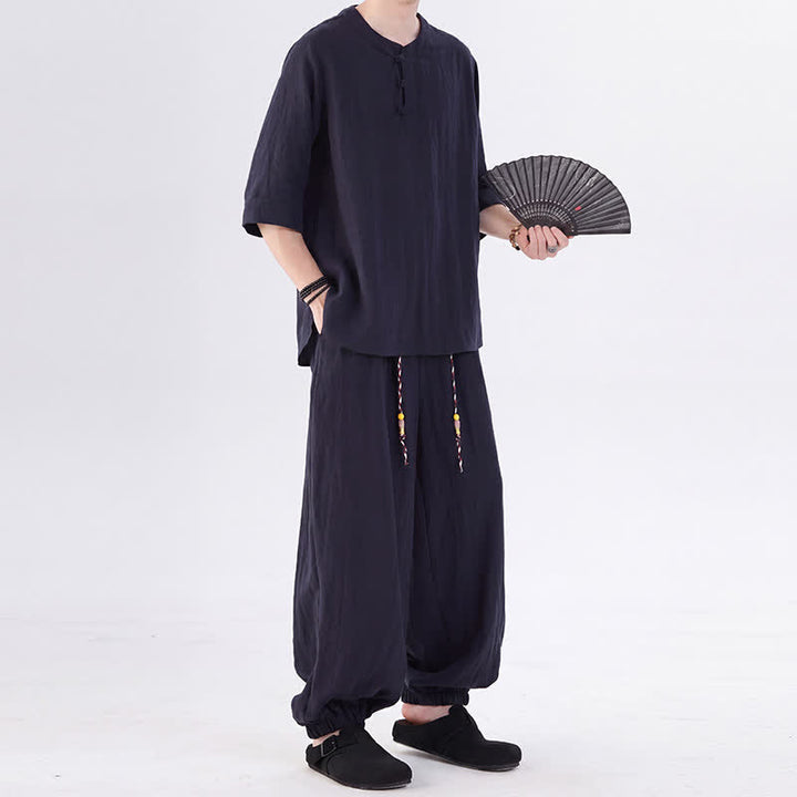 Buddha Stones 春夏 唐風 カエルボタン 無地 肘丈袖シャツ パンツ メンズ 瞑想服 ポケット付き - image 43