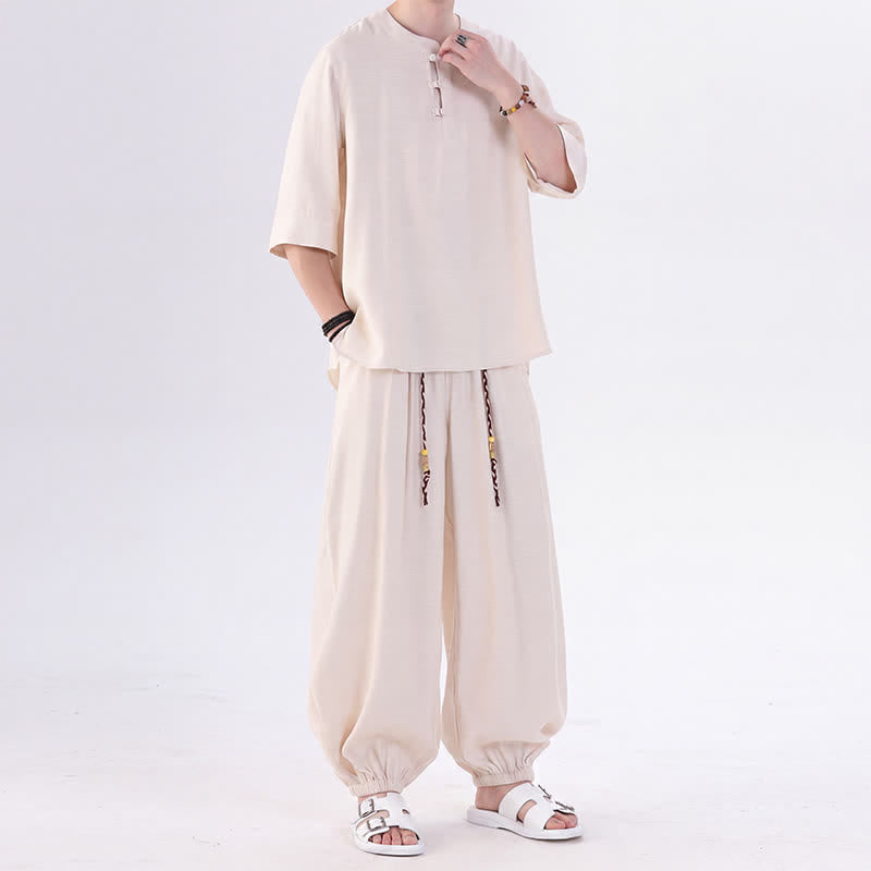 Buddha Stones 春夏 唐風 カエルボタン 無地 肘丈袖シャツ パンツ メンズ 瞑想服 ポケット付き - image 2