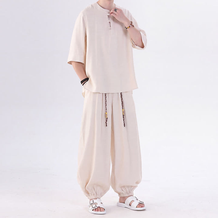 Buddha Stones 春夏 唐風 カエルボタン 無地 肘丈袖シャツ パンツ メンズ 瞑想服 ポケット付き - image 2