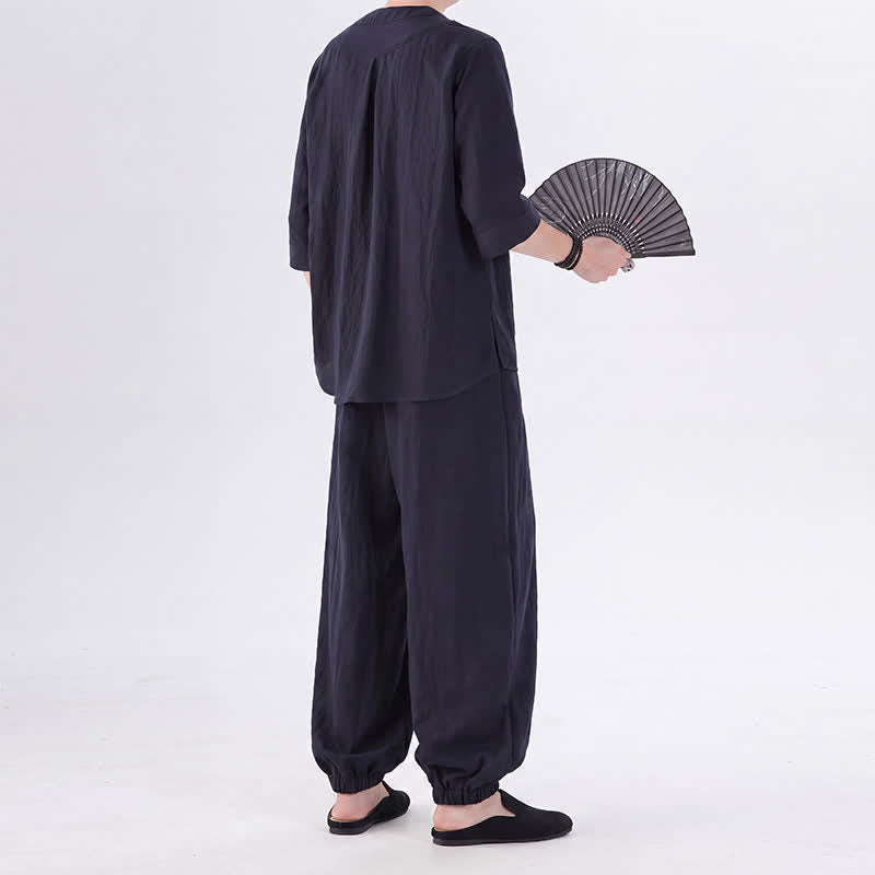 Buddha Stones 春夏 唐風 カエルボタン 無地 肘丈袖シャツ パンツ メンズ 瞑想服 ポケット付き - image 44