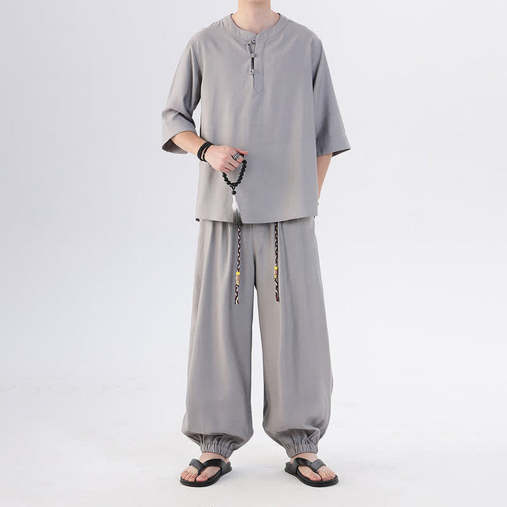 Buddha Stones 春夏 唐風 カエルボタン 無地 肘丈袖シャツ パンツ メンズ 瞑想服 ポケット付き - image 17