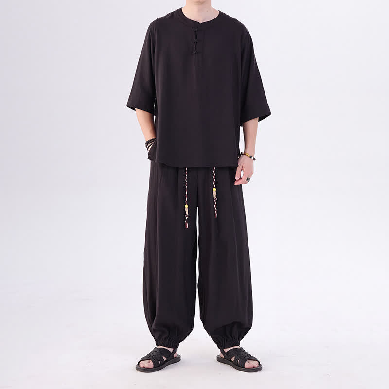 Buddha Stones 春夏 唐風 カエルボタン 無地 肘丈袖シャツ パンツ メンズ 瞑想服 ポケット付き - image 28