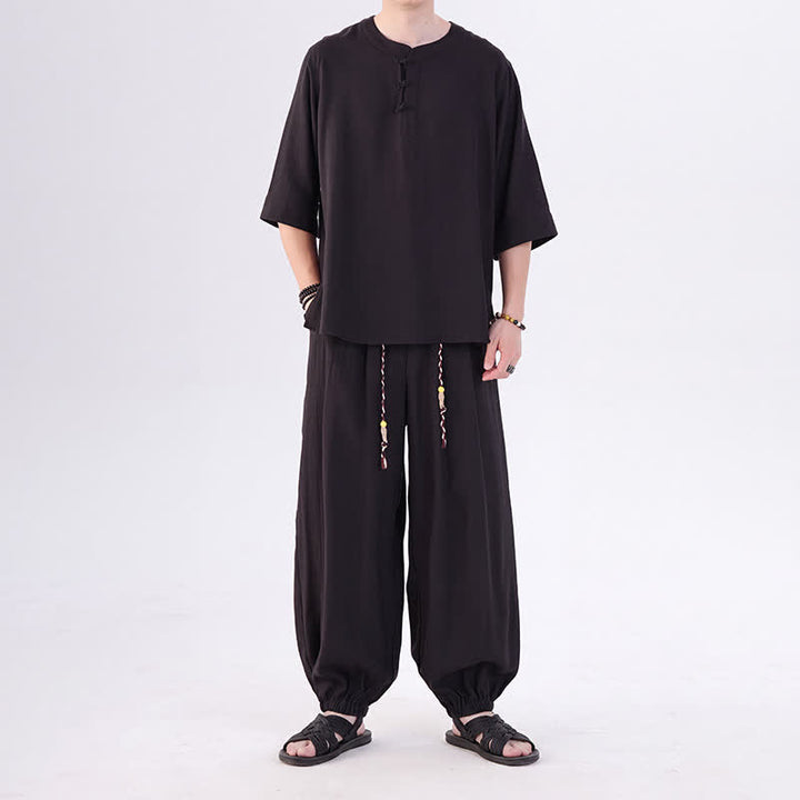 Buddha Stones 春夏 唐風 カエルボタン 無地 肘丈袖シャツ パンツ メンズ 瞑想服 ポケット付き - image 28