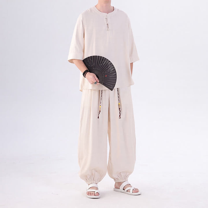 Buddha Stones 春夏 唐風 カエルボタン 無地 肘丈袖シャツ パンツ メンズ 瞑想服 ポケット付き - image 6