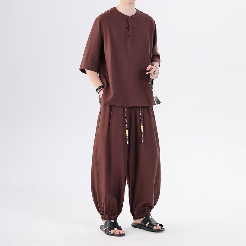 Buddha Stones 春夏 唐風 カエルボタン 無地 肘丈袖シャツ パンツ メンズ 瞑想服 ポケット付き - image 34