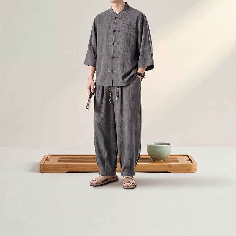 Buddha Stones 春夏唐風瞑想カエルボタン無地七分袖シャツパンツメンズ瞑想服ポケット付き - image 5