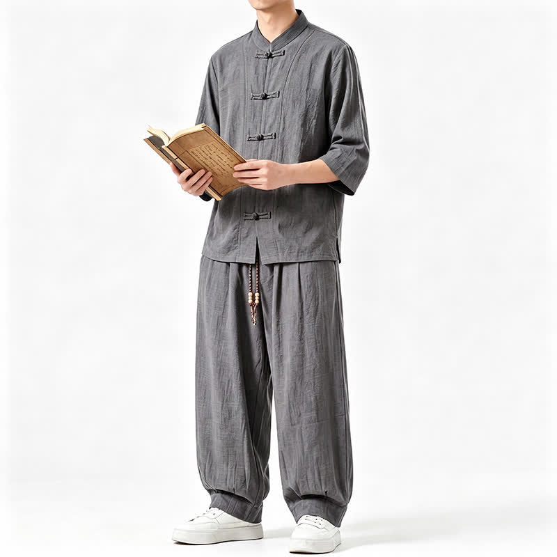 Buddha Stones 春夏唐風瞑想カエルボタン無地七分袖シャツパンツメンズ瞑想服ポケット付き - image 3
