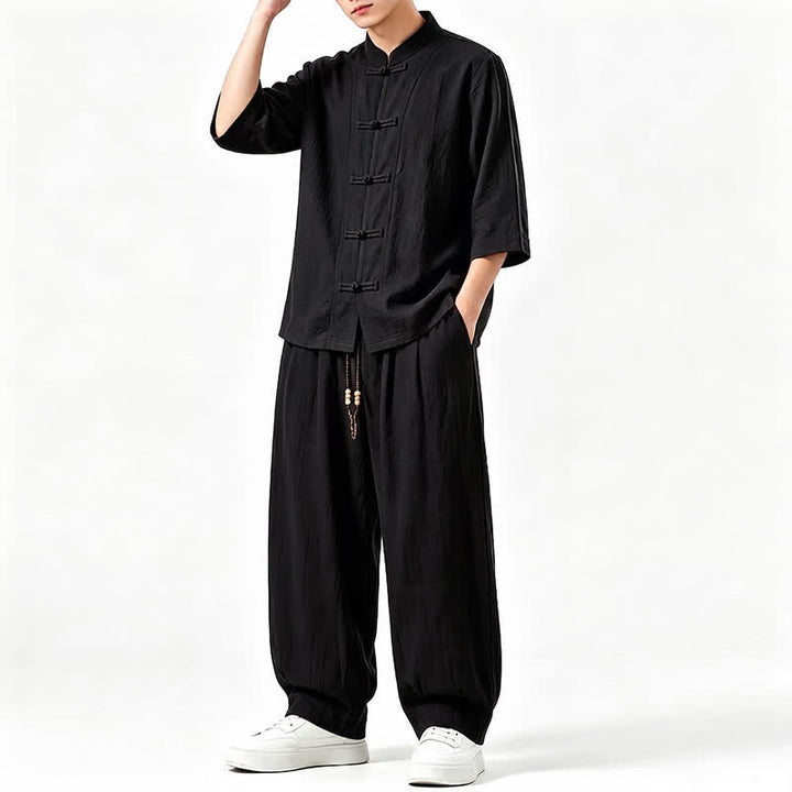 Buddha Stones 春夏唐風瞑想カエルボタン無地七分袖シャツパンツメンズ瞑想服ポケット付き - image 12