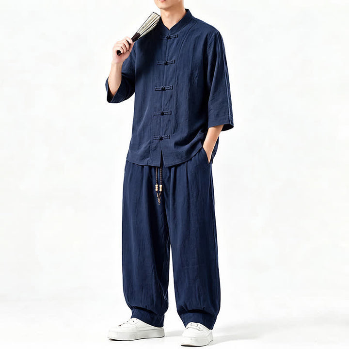 Buddha Stones 春夏唐風瞑想カエルボタン無地七分袖シャツパンツメンズ瞑想服ポケット付き - image 16