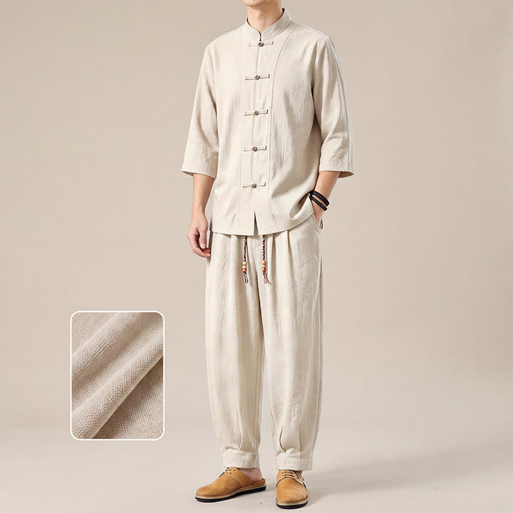Buddha Stones 春夏唐風瞑想カエルボタン無地七分袖シャツパンツメンズ瞑想服ポケット付き - image 22