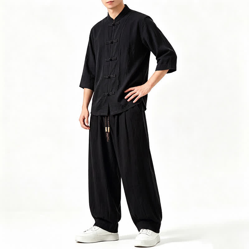 Buddha Stones 春夏唐風瞑想カエルボタン無地七分袖シャツパンツメンズ瞑想服ポケット付き - image 11