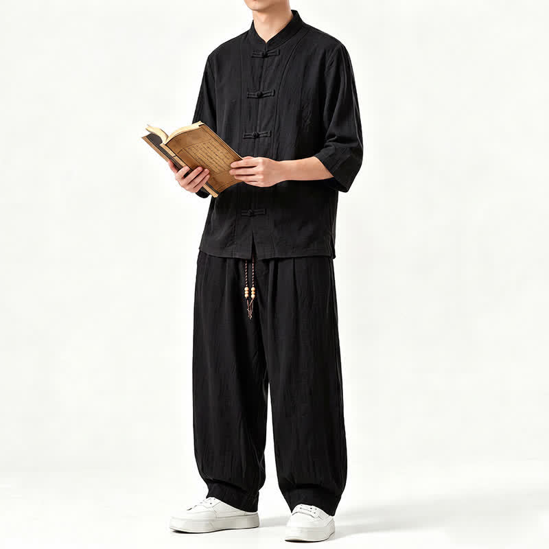 Buddha Stones 春夏唐風瞑想カエルボタン無地七分袖シャツパンツメンズ瞑想服ポケット付き - image 13