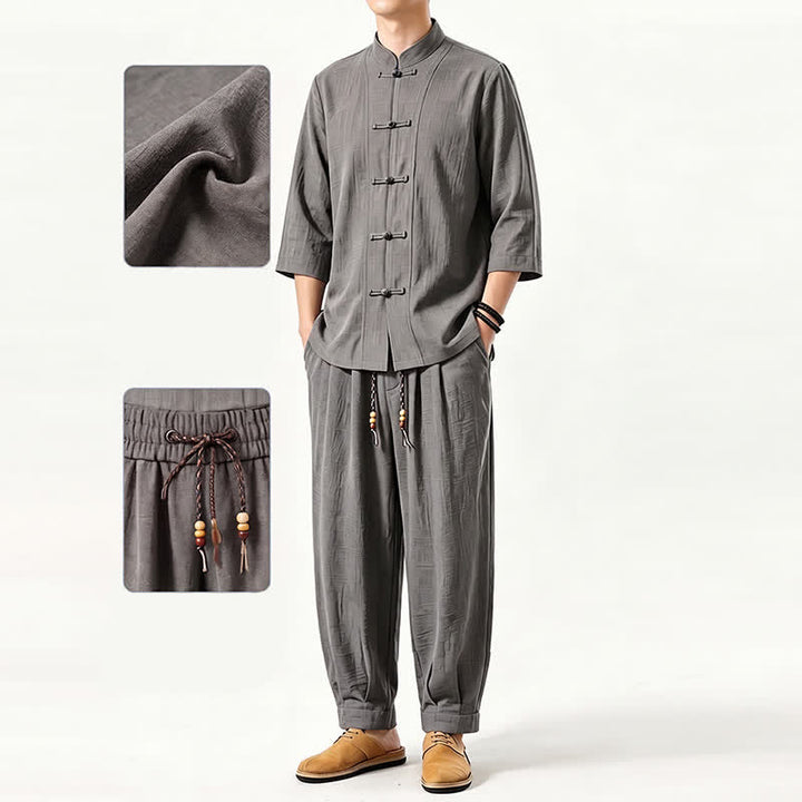 Buddha Stones 春夏唐風瞑想カエルボタン無地七分袖シャツパンツメンズ瞑想服ポケット付き - image 4
