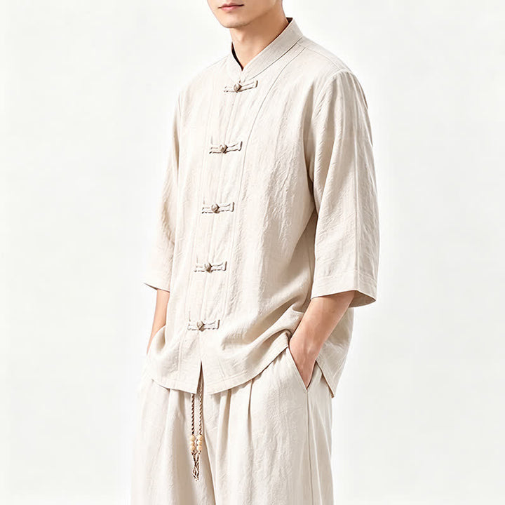 Buddha Stones 春夏唐風瞑想カエルボタン無地七分袖シャツパンツメンズ瞑想服ポケット付き - image 23