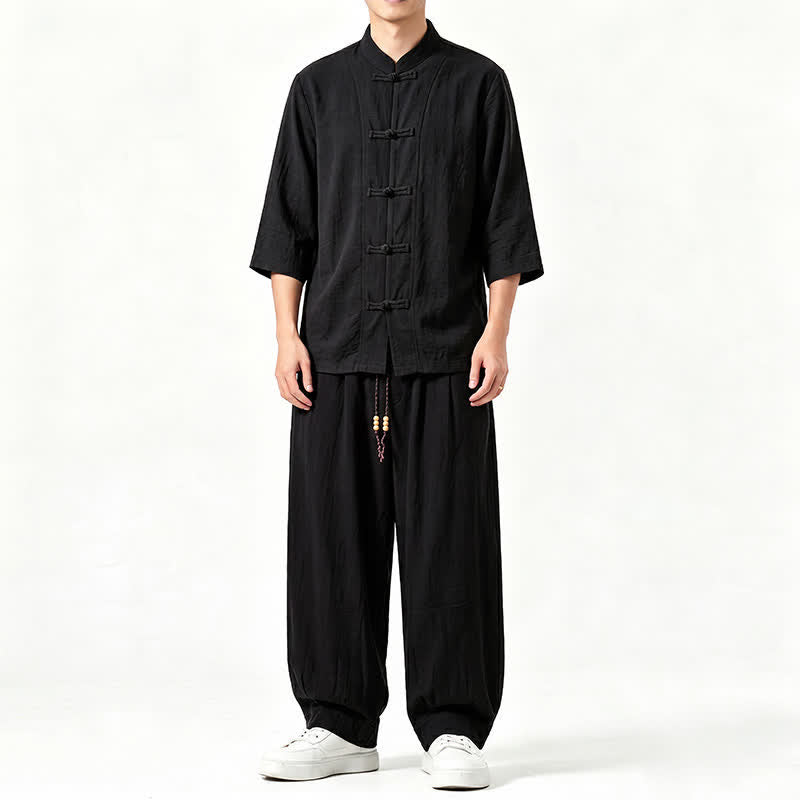 Buddha Stones 春夏唐風瞑想カエルボタン無地七分袖シャツパンツメンズ瞑想服ポケット付き - 黒 - US/UK/AU46、 EU56 (5XL) - image 10