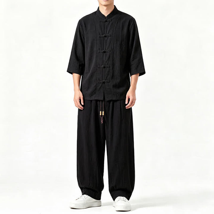 Buddha Stones 春夏唐風瞑想カエルボタン無地七分袖シャツパンツメンズ瞑想服ポケット付き - 黒 - US/UK/AU46、 EU56 (5XL) - image 10