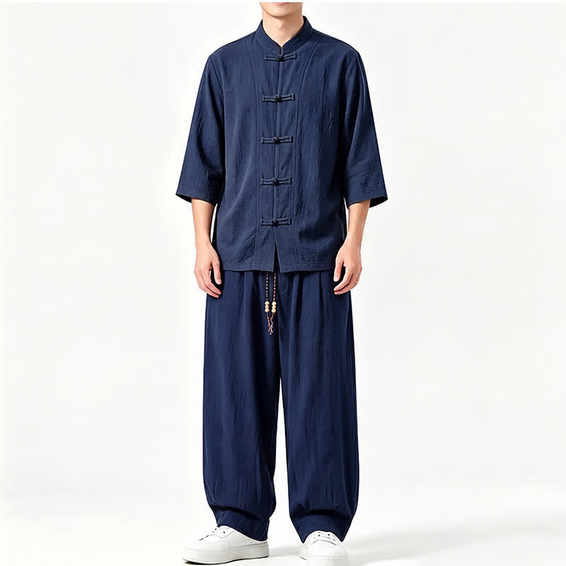 Buddha Stones 春夏唐風瞑想カエルボタン無地七分袖シャツパンツメンズ瞑想服ポケット付き - 海軍 - US/UK/AU46、 EU56 (5XL) - image 15