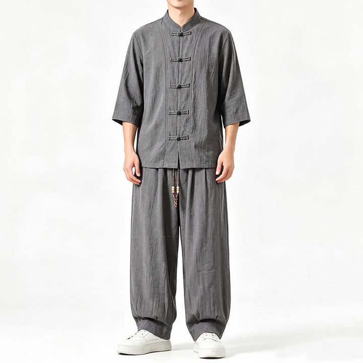Buddha Stones 春夏唐風瞑想カエルボタン無地七分袖シャツパンツメンズ瞑想服ポケット付き - image 1
