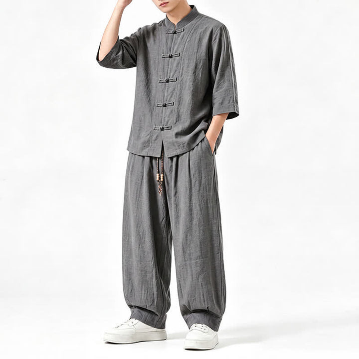 Buddha Stones 春夏唐風瞑想カエルボタン無地七分袖シャツパンツメンズ瞑想服ポケット付き - image 2