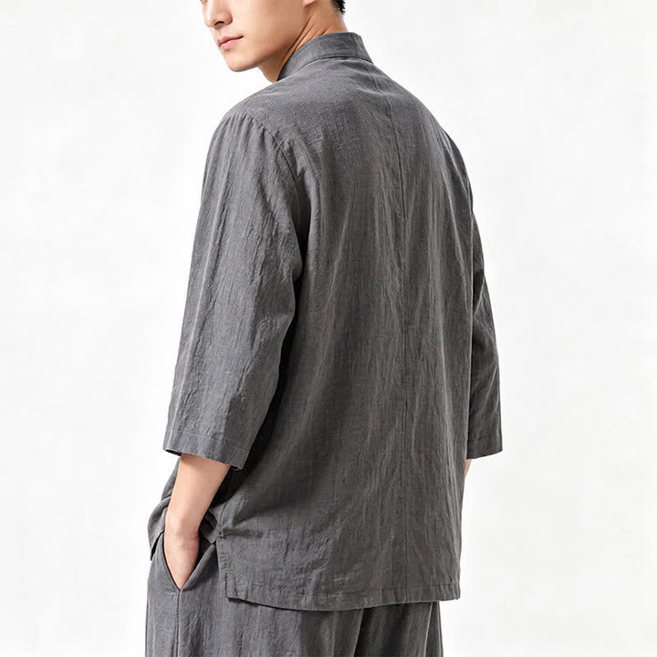 Buddha Stones 春夏唐風瞑想カエルボタン無地七分袖シャツパンツメンズ瞑想服ポケット付き - image 6