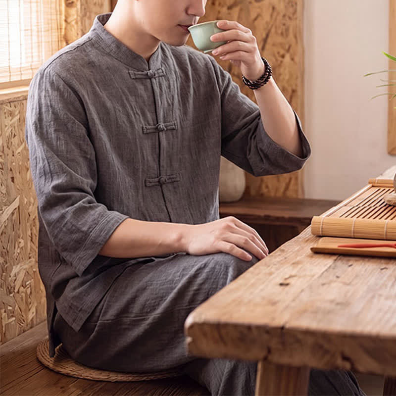 Buddha Stones 春夏唐風瞑想カエルボタン無地七分袖シャツパンツメンズ瞑想服ポケット付き - image 7