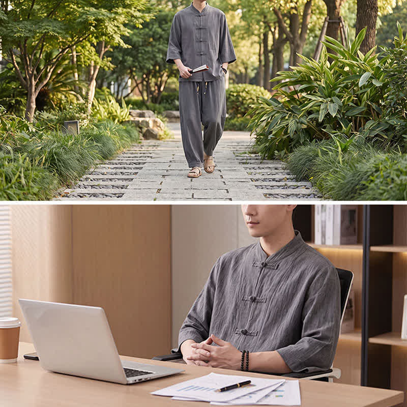 Buddha Stones 春夏唐風瞑想カエルボタン無地七分袖シャツパンツメンズ瞑想服ポケット付き - image 8