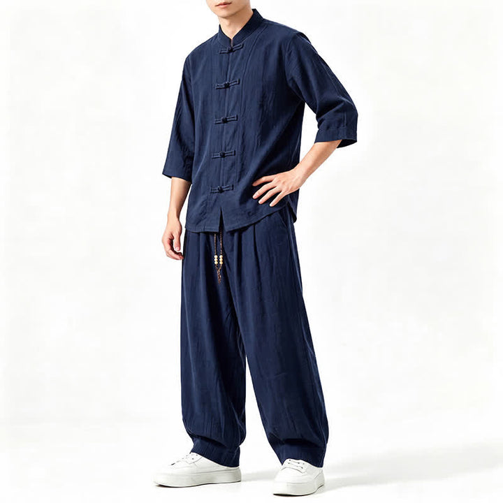 Buddha Stones 春夏唐風瞑想カエルボタン無地七分袖シャツパンツメンズ瞑想服ポケット付き - image 18
