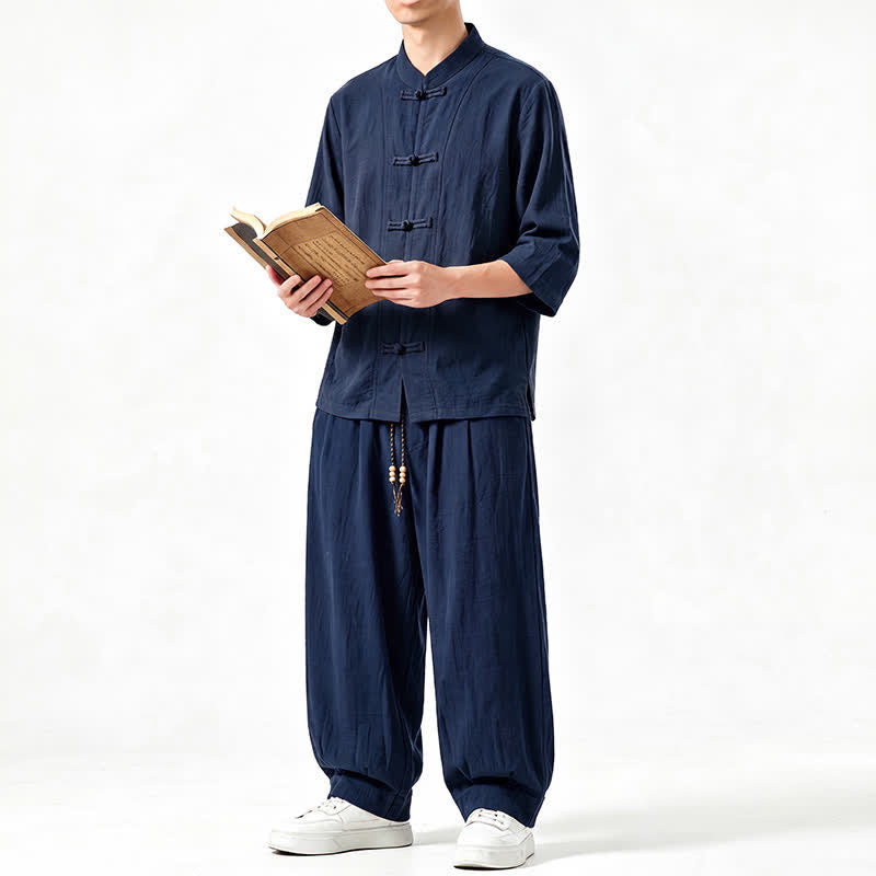 Buddha Stones 春夏唐風瞑想カエルボタン無地七分袖シャツパンツメンズ瞑想服ポケット付き - image 17