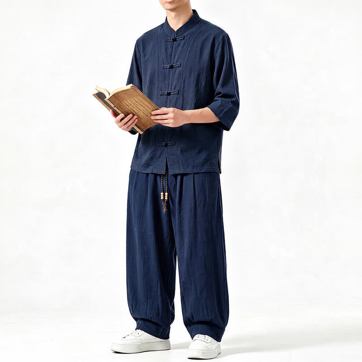 Buddha Stones 春夏唐風瞑想カエルボタン無地七分袖シャツパンツメンズ瞑想服ポケット付き - image 17