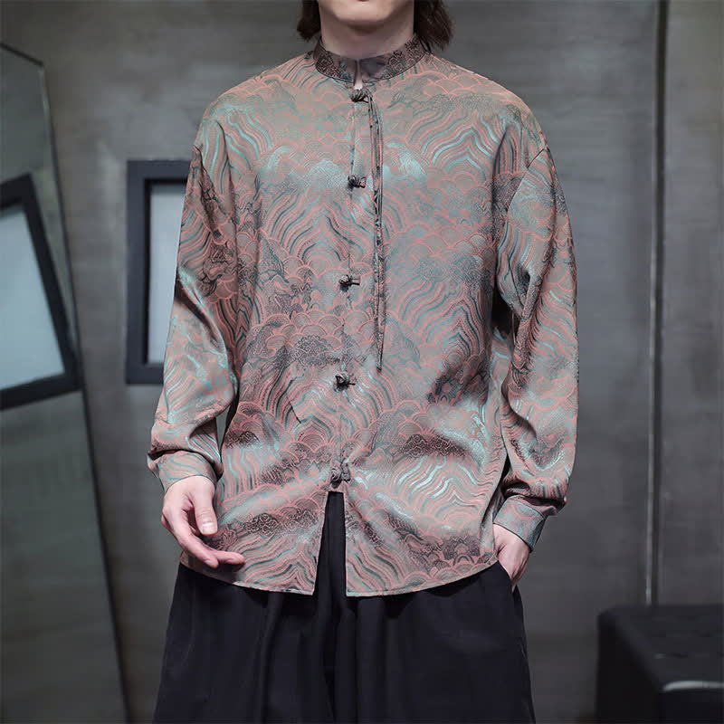 Buddha Stones 秋物ヴィンテージ唐草スタイルマンダリンカラー抽象波模様メンズ長袖シャツ - image 6