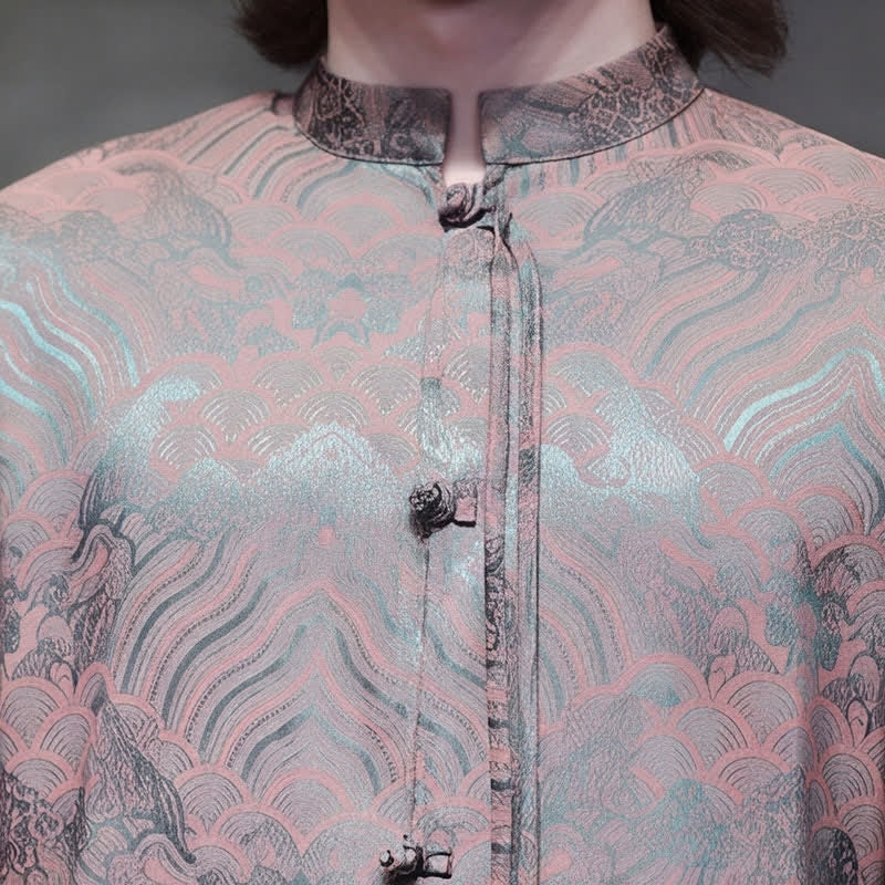 Buddha Stones 秋物ヴィンテージ唐草スタイルマンダリンカラー抽象波模様メンズ長袖シャツ - image 12