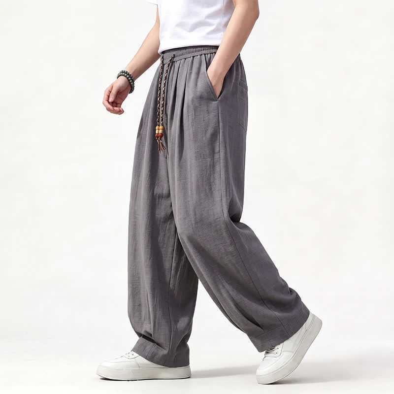 Buddha Stones 春夏カジュアルドローストリングゴムウエスト無地ロングパンツメンズストレートレッグパンツポケット付き - image 1