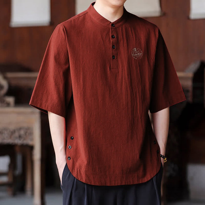 Buddha Stones 夏物カジュアル 唐スタイル マンダリンカラー 無地 メンズ半袖シャツ - image 17